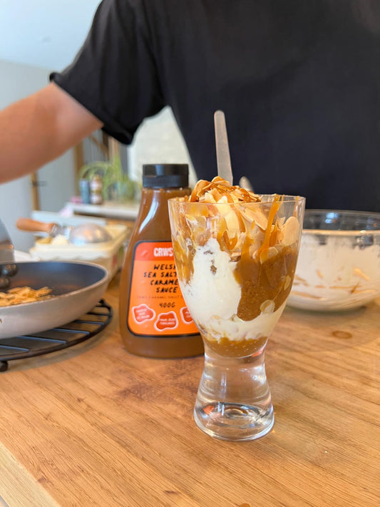 Salted Caramel & Almond Sundae using Crwst Squeezy Salted Caramel Sauce